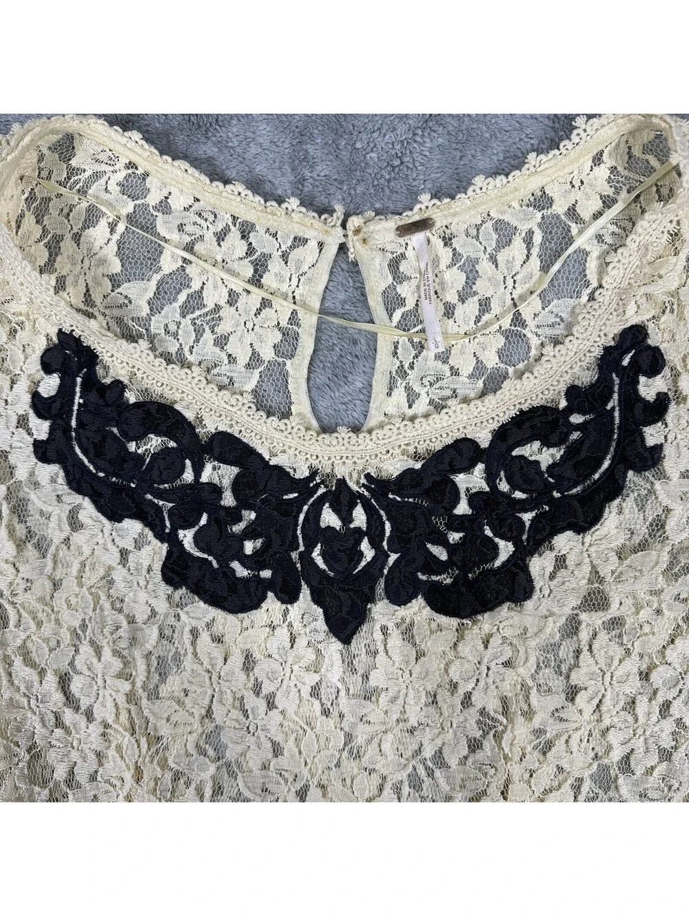 Free People Sz. Lg. With Flair Peplum Top Ivory Lace Black Applique Bell Sleeve